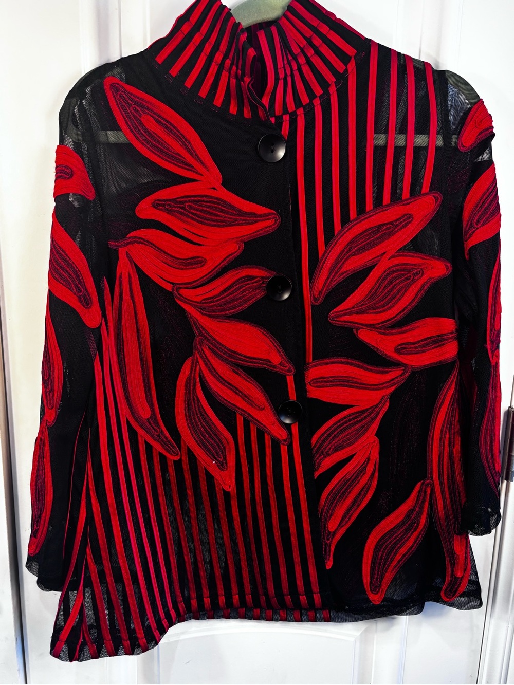 Women's Damee Black Red Striped Floral Mesh Soutache Collared Button Jacket- M